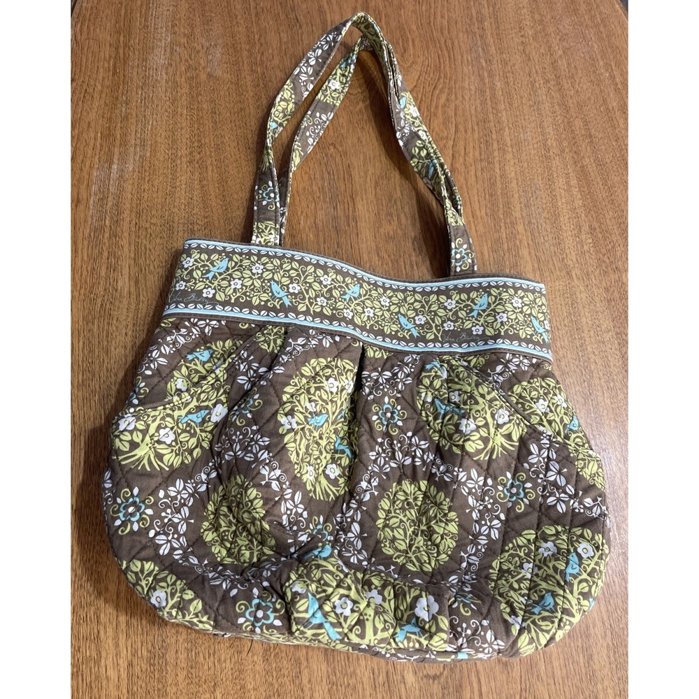 Vera Bradley Purse Handbag Brown Green Floral Quilted Zip Closure‎ Double Handle